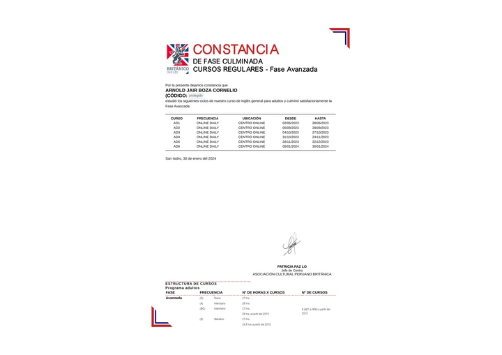 Vista pública protegida de la constancia de Inglés Avanzado del Británico