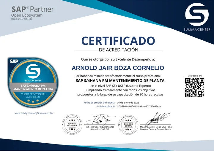 Vista previa del certificado SAP S/4HANA PM